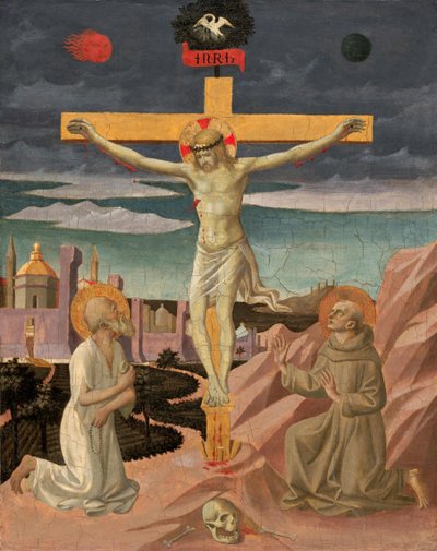 Christus am Kreuz, verehrt von den Heiligen Hieronymus und Franziskus von Francesco Pesellino